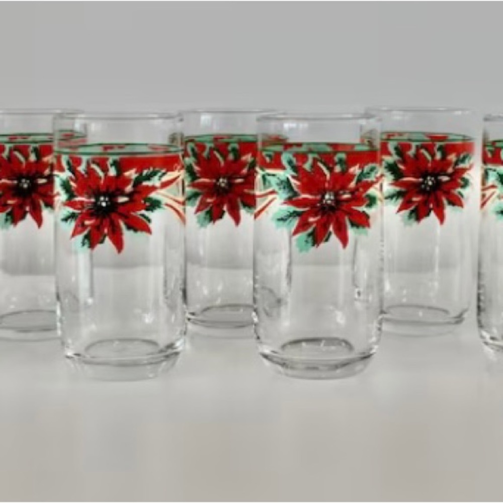 6 Libbey Poinsettia Christmas Glassware Vintage Xmas Tumbler Beverage Glass Set